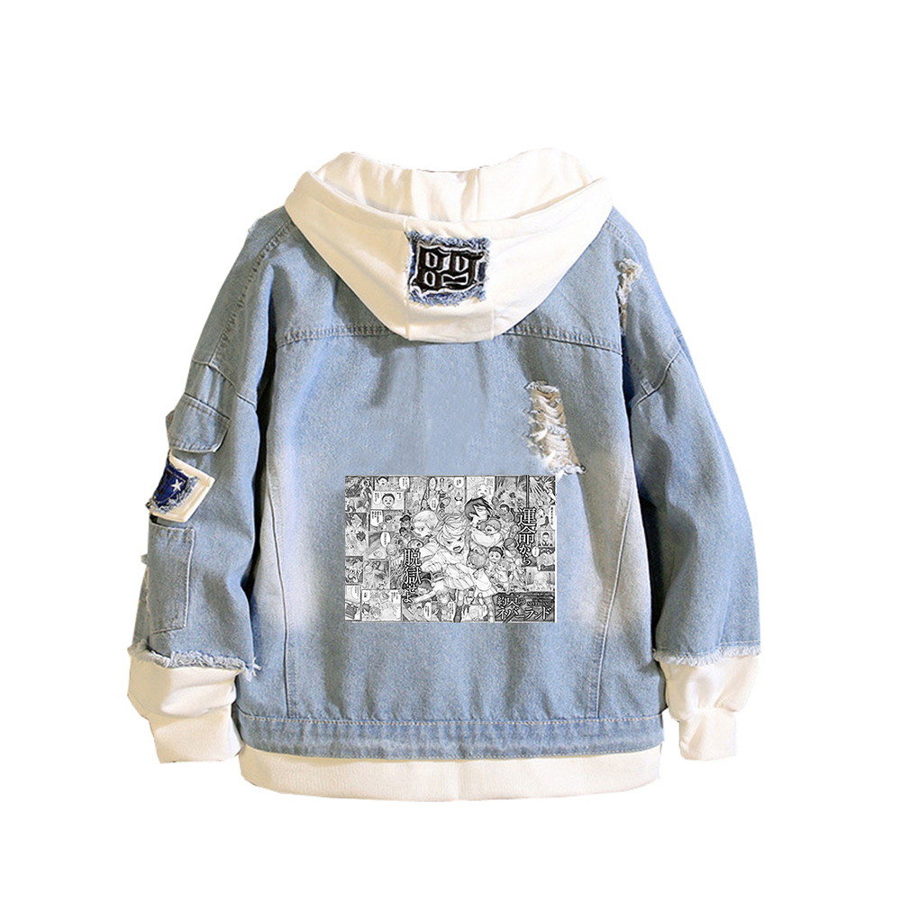 Embroidery Jacket Jeans - 約束のネバーランドアニメジーンズジャケットレイノーマン漫画デニムパーカーユニセックスストリートウェアプラスサイズスウェットシャツカップルコート