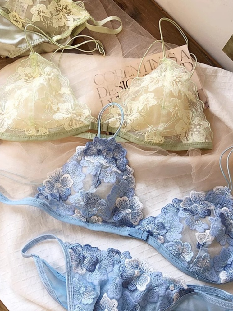 Embroidery In Australia - フランスのニッチランジェリーセット、刺繍メッシュのトライアングルカップ、ワイヤレスブラレット、レトロで薄くセクシーな快適ブラ、オーストラリアMOYISUセクシーブラ