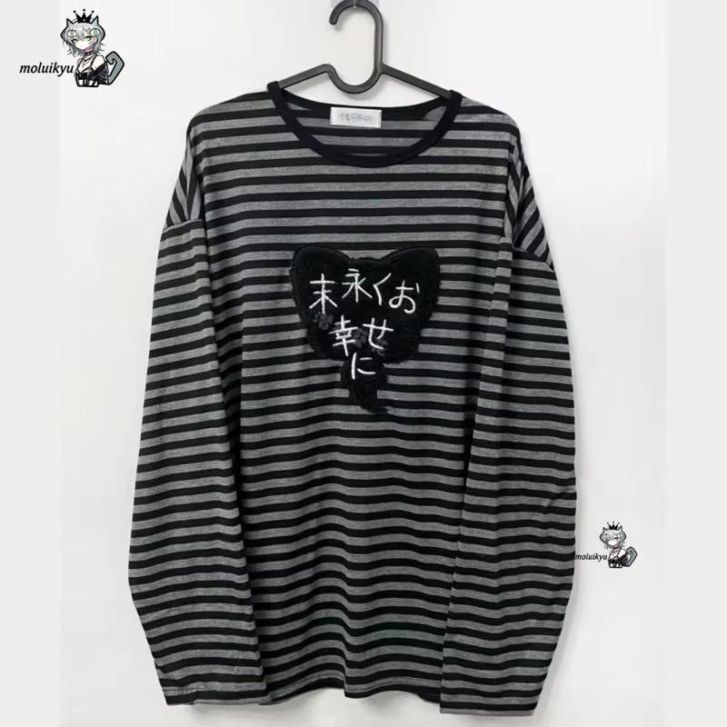 Embroidery Designer - Y2K アメリカンパンクヴィンテージ O ネック長袖シャツオールマッチストライプデザイン原宿刺繍トップス美的ハイストリート Tシャツ