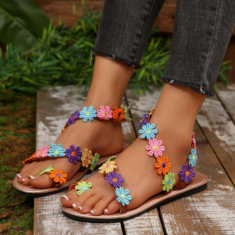 Embroidery Flower - ボヘミアン刺繍フラワーデザイナーサンダル レディース 夏 2026 カラフル 軽量