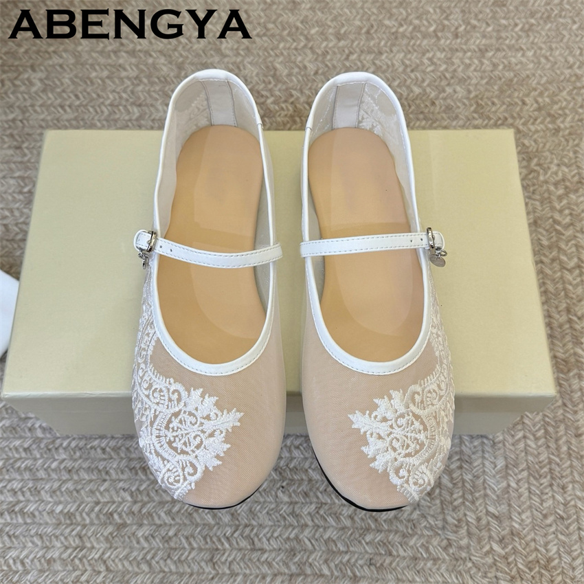 Embroidery Designer - レース刺繍フラットシューズ女性のための 2026 夏バレエダンスウォーキングシューズ女性ファッションデザイナーメッシュローファーフラットシューズ Mujer