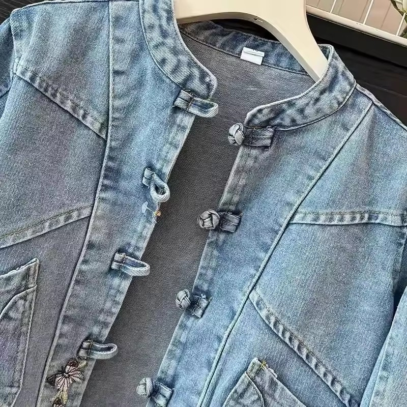 Embroidery Jacket Jeans - 2025年春夏新作ファッションデニムジャケット レディース カジュアルジーンズコート 女性用 刺繍バックルデザイン カウボーイ風レディースオーバーコート