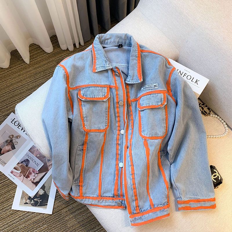 Embroidery Jacket Jeans - レトロ女性ストライプ落書き対照的なカラーデニムジャケット春秋手描きジーンズコートプラスサイズカウボーイカーディガントップス