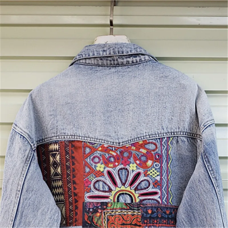 Embroidery Jacket Jeans - ボヘミア刺繍スプライシングビッグポケットデニムジャケット女性ルーズショートカウボーイアウターストリートパッチワークジーンズジャケット女性