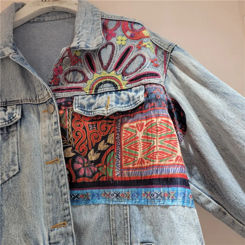 Embroidery Jacket Jeans - ヴィンテージブルー刺繍スプライシングデニムジャケット女性ルーズショートカウボーイアウター長袖ジーンズジャケット女性チャケータ Mujer