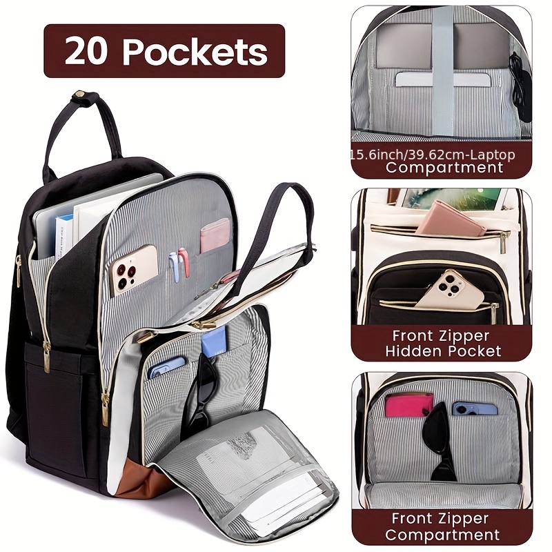 Embroidery Bag - 女性用ツートンカラーのノートパソコン用バックパック、防水仕様の可愛いビジネス旅行バッグ、ゴールドのジッパー付き、15.6インチのノートパソコンに適合