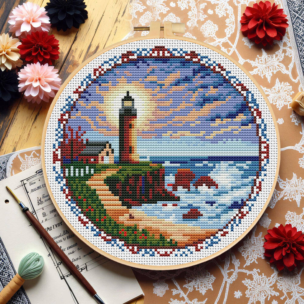 Embroidery X Pattern - クロスステッチ灯台フープツール 11CT 風景パターン DIY クロスステッチプリントキャンバス海辺の家の装飾