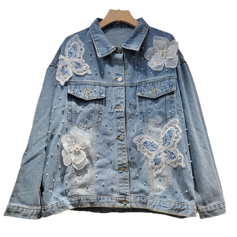 Embroidery Jacket Jeans - 2026年春秋韓国デニムジャケット レディース 重刺繍3D蝶ビーズ付きルーズショートジージャンコート 女性用カジュアルアウター