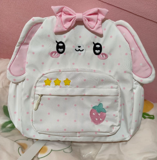 Embroidery Rabbit - 女の子用バックパック かわいいイチゴ柄ウサギ耳付き 学生用カワイイスクールバッグ ドット柄刺繍入り カジュアルキッズバックパック