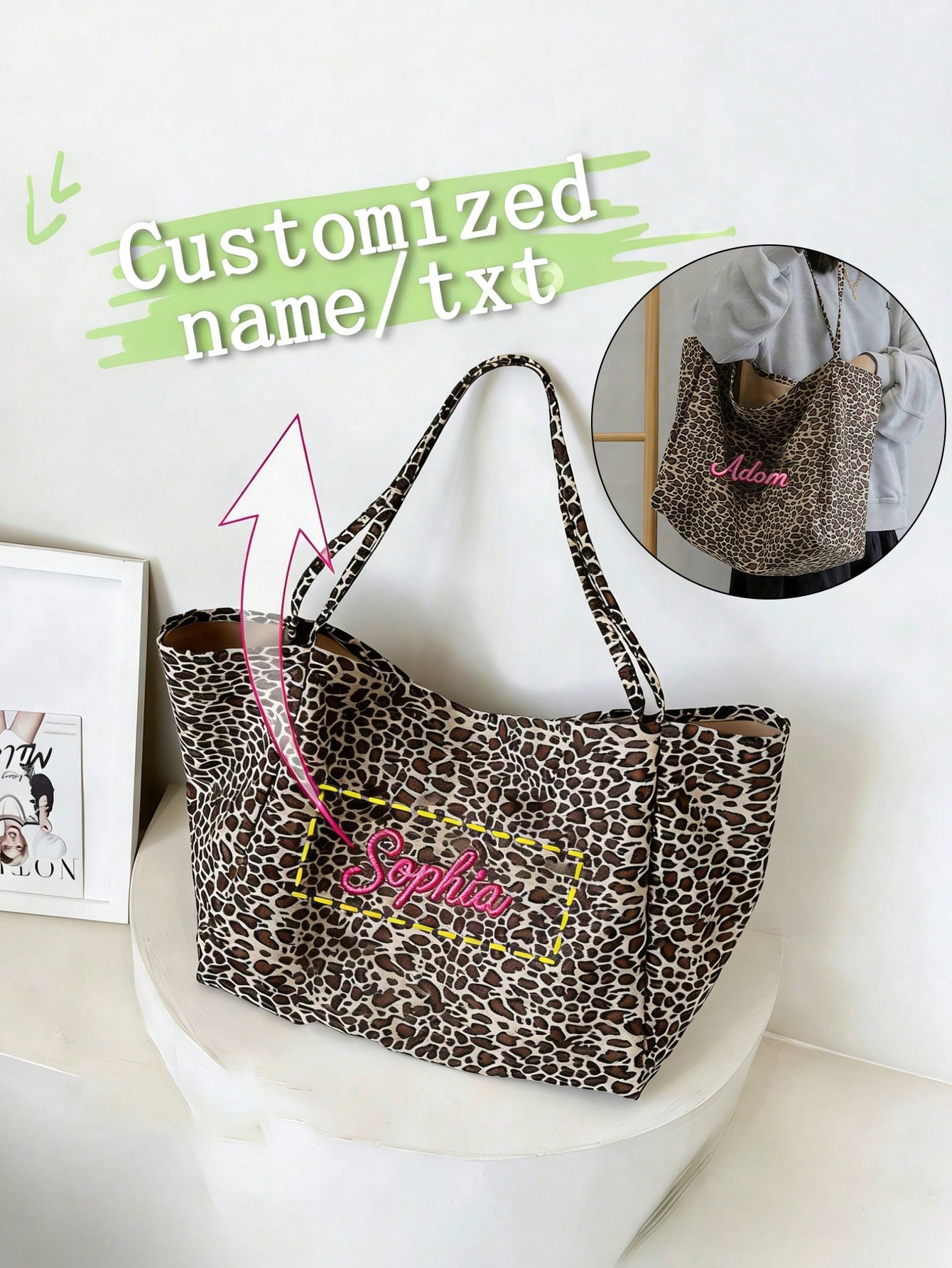 Embroidery Gift Ideas - カスタム名ヒョウ柄トートバッグ女性大容量ショルダーバッグカジュアルショッピングハンドバッグパーソナライズ刺繍ギフト彼女
