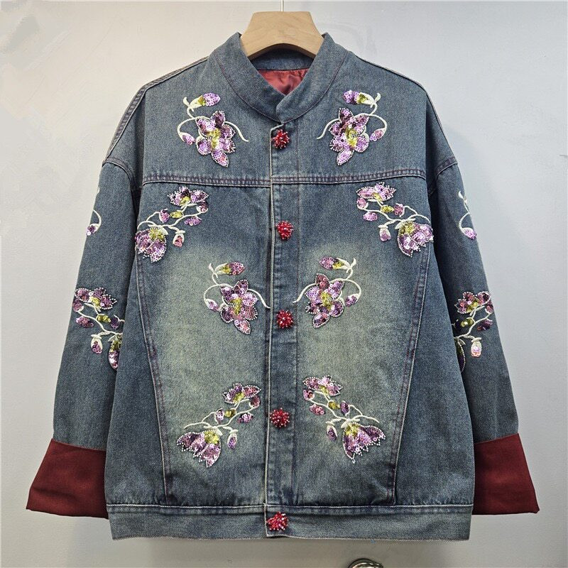 Embroidery Jacket Jeans - ヘビーワークスパンコールフラワー刺繍コントラストカラーデニムジャケット ブルーブラック カジュアルスタンドカラー長袖ジーンズジャケットコート