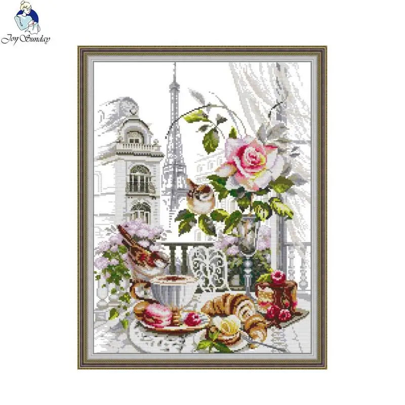 Embroidery X Pattern - ジョイサンデイプリントクロスステッチキットDIYフレンチ朝食と花柄aida14ct 11kカウント白い生地刺繍キットギフト