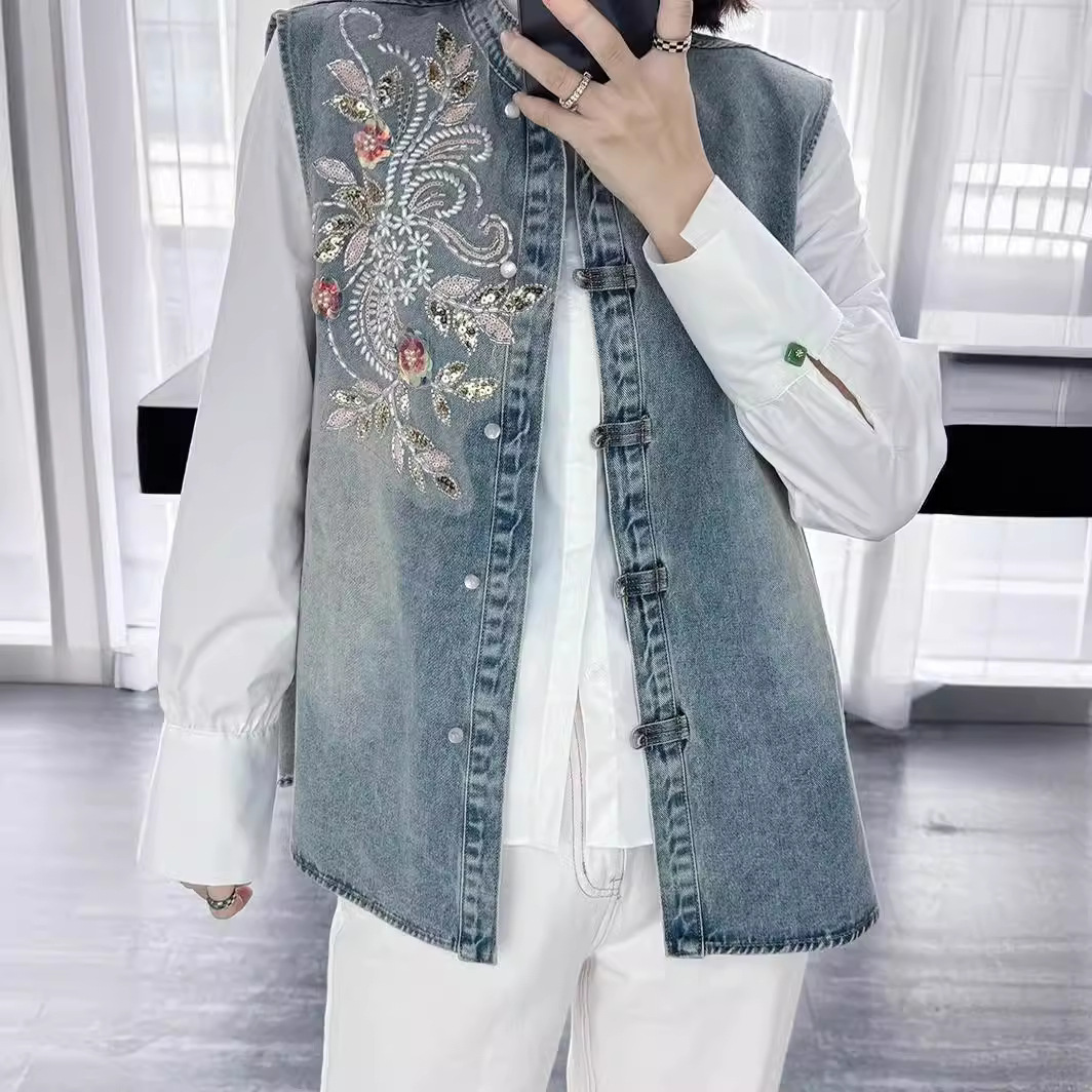 Embroidery Jacket Jeans - デニムコート女性ベストコートラウンドネックノースリーブ Y2k ストリートジーンズジャケットワークカジュアル刺繍スプライスベストジャケット 2025