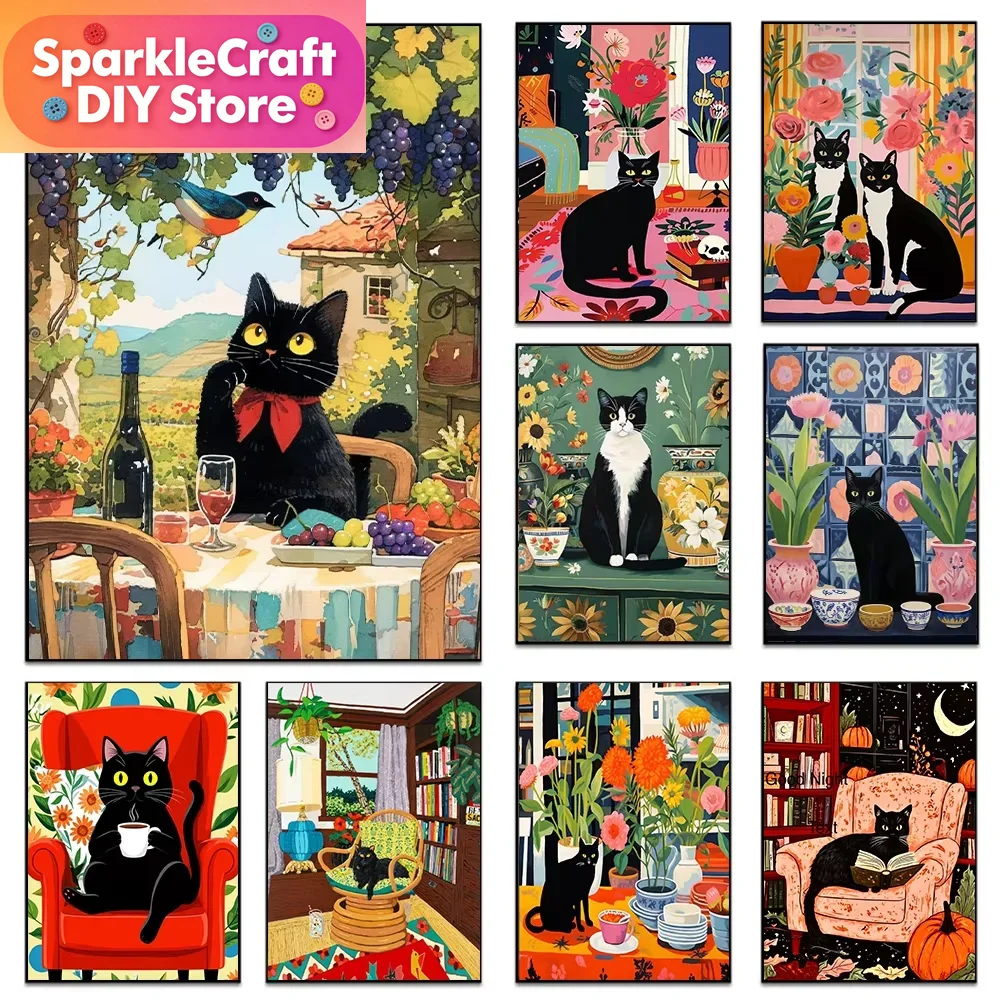 1枚入りフレームレス漫画風黒猫カラフル花柄ダイヤモンドペイン - Embroidery Gift Ideas のレビューと価格