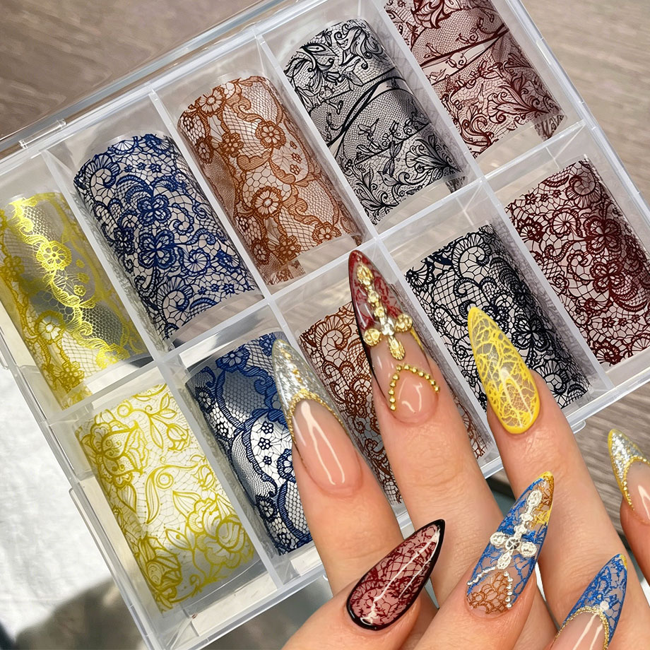 10 ロールレトロカラフルなレース箔転写ネイルステッカーブラ - Transfer Paper Carbon のレビューと価格