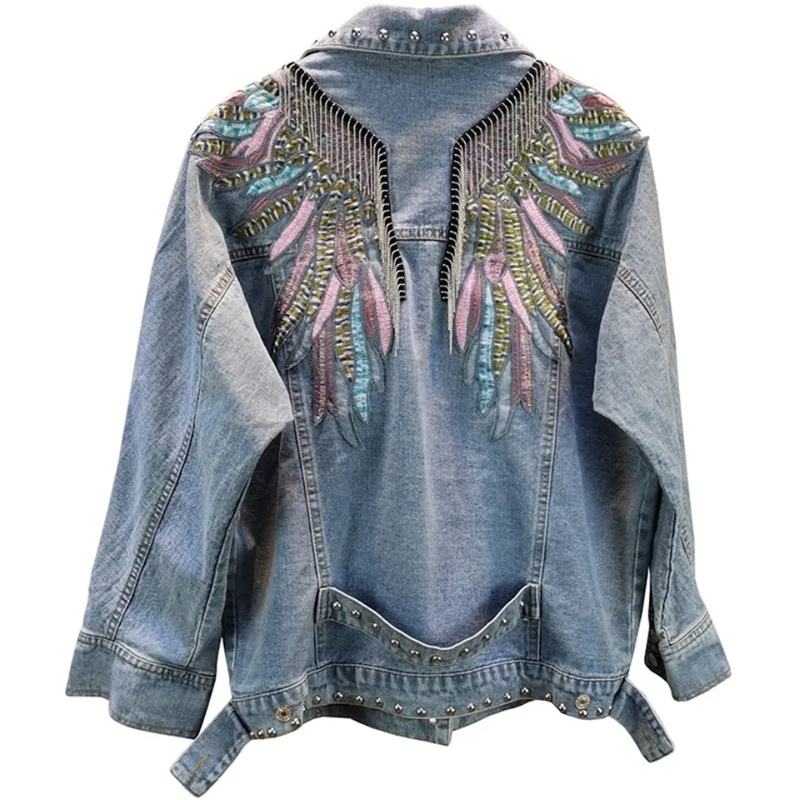 女性用長袖デニムジャケット,フリンジ付きデニムコート,ファッ - Embroidery Jacket Jeans のレビューと価格