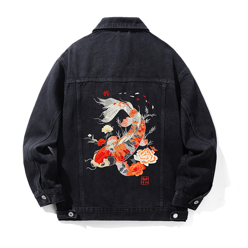 ハイエンドレトロ光る鯉刺繍ジーンズジャケットメンズルーズ大き - Embroidery Jacket Jeans のレビューと価格