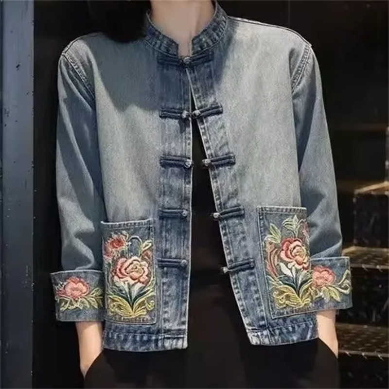 春秋の美しい刺繍入りカウボーイコート レディースデニムジャケ - Embroidery Jacket Jeans のレビューと価格