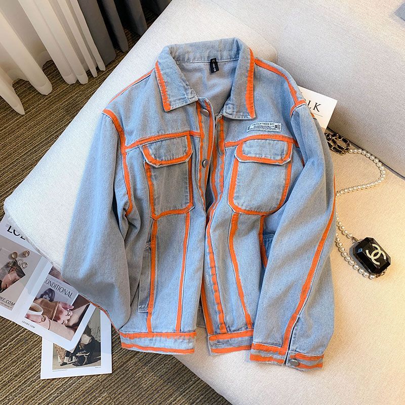 レトロ女性ストライプ落書き対照的なカラーデニムジャケット春秋 - Embroidery Jacket Jeans のレビューと価格