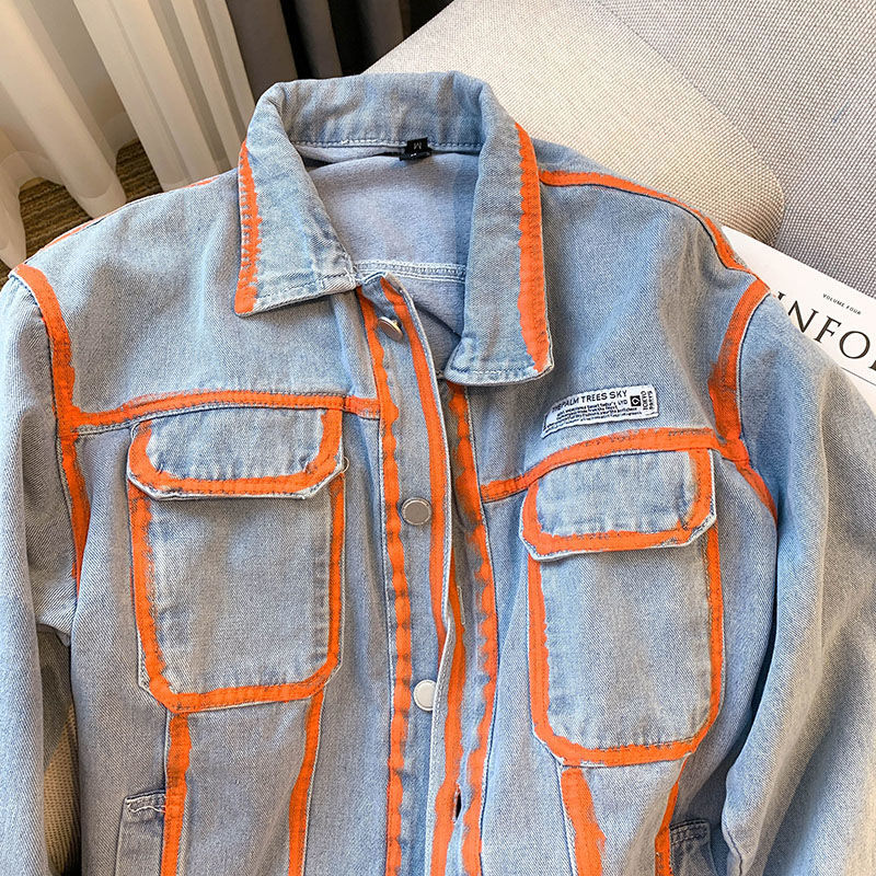 レトロ女性ストライプ落書き対照的なカラーデニムジャケット春秋 - Embroidery Jacket Jeans のレビューと価格