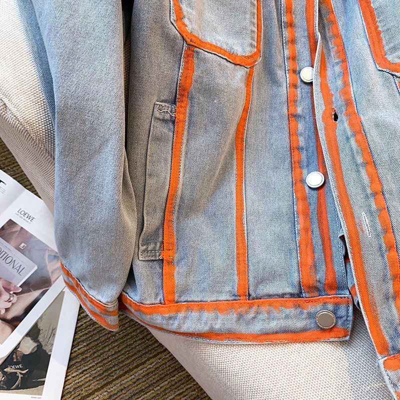 レトロ女性ストライプ落書き対照的なカラーデニムジャケット春秋 - Embroidery Jacket Jeans のレビューと価格