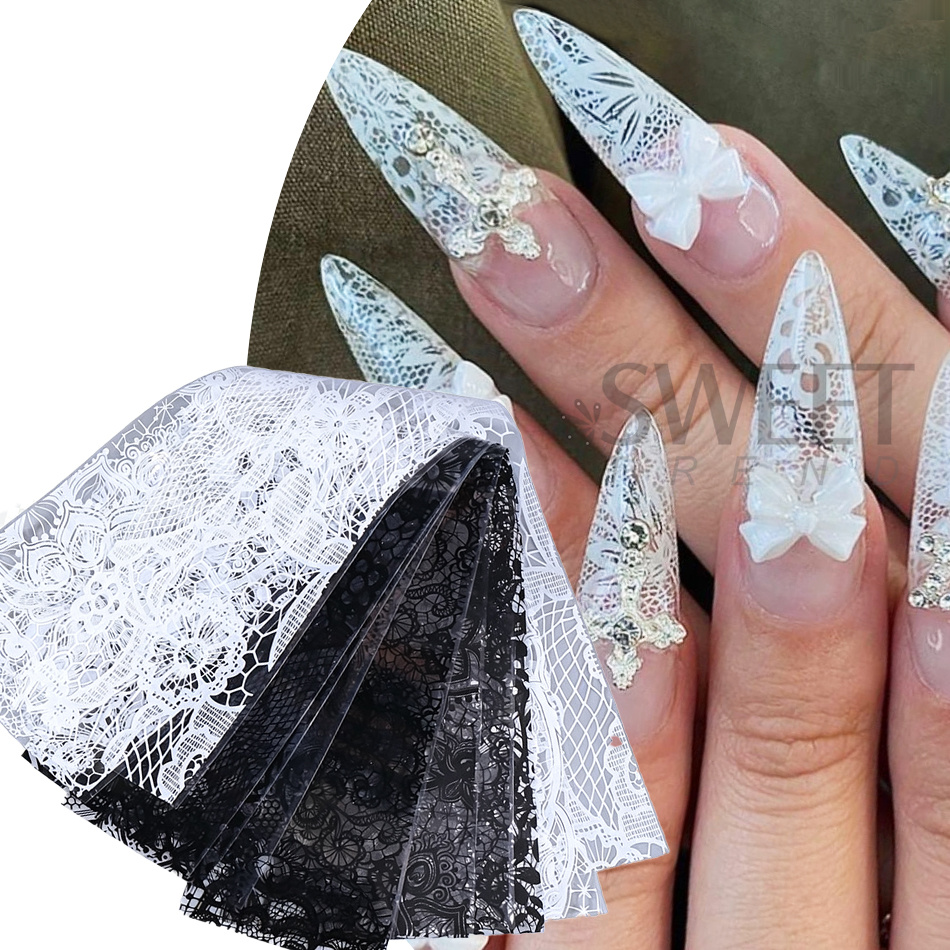 1パック ブラックホワイトレースフローラルネイルアート転写箔 - Transfer Paper Carbon のレビューと価格