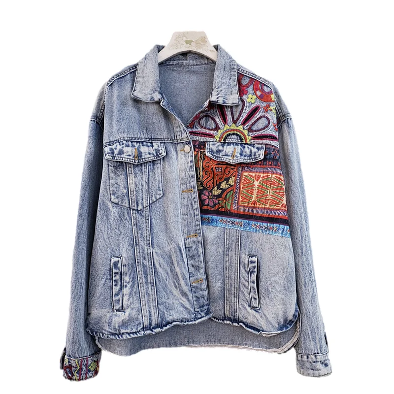 ボヘミア刺繍スプライシングビッグポケットデニムジャケット女性 - Embroidery Jacket Jeans のレビューと価格