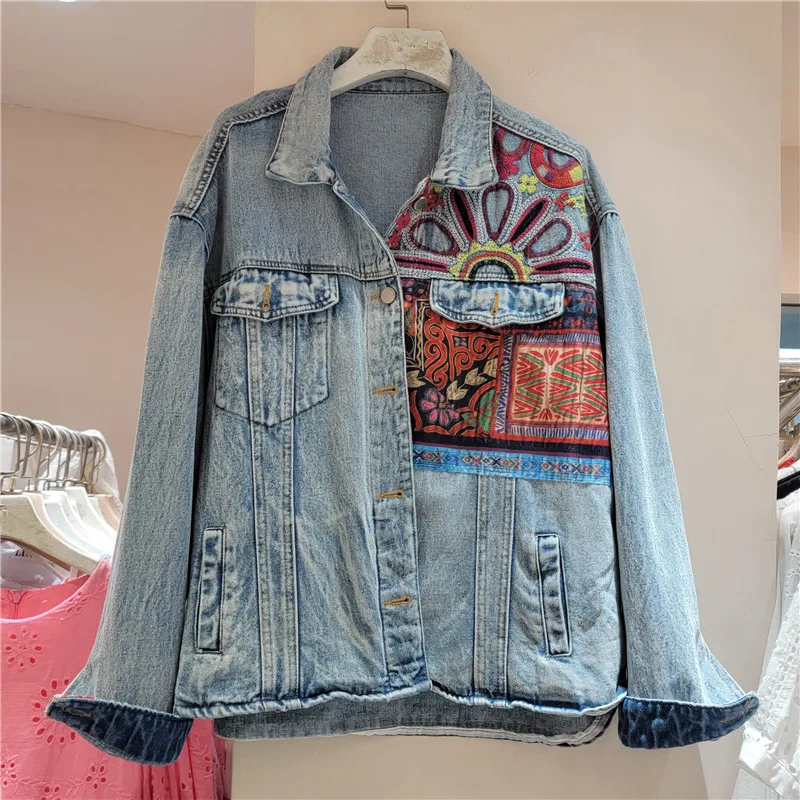 ヴィンテージブルー刺繍スプライシングデニムジャケット女性ルー - Embroidery Jacket Jeans のレビューと価格