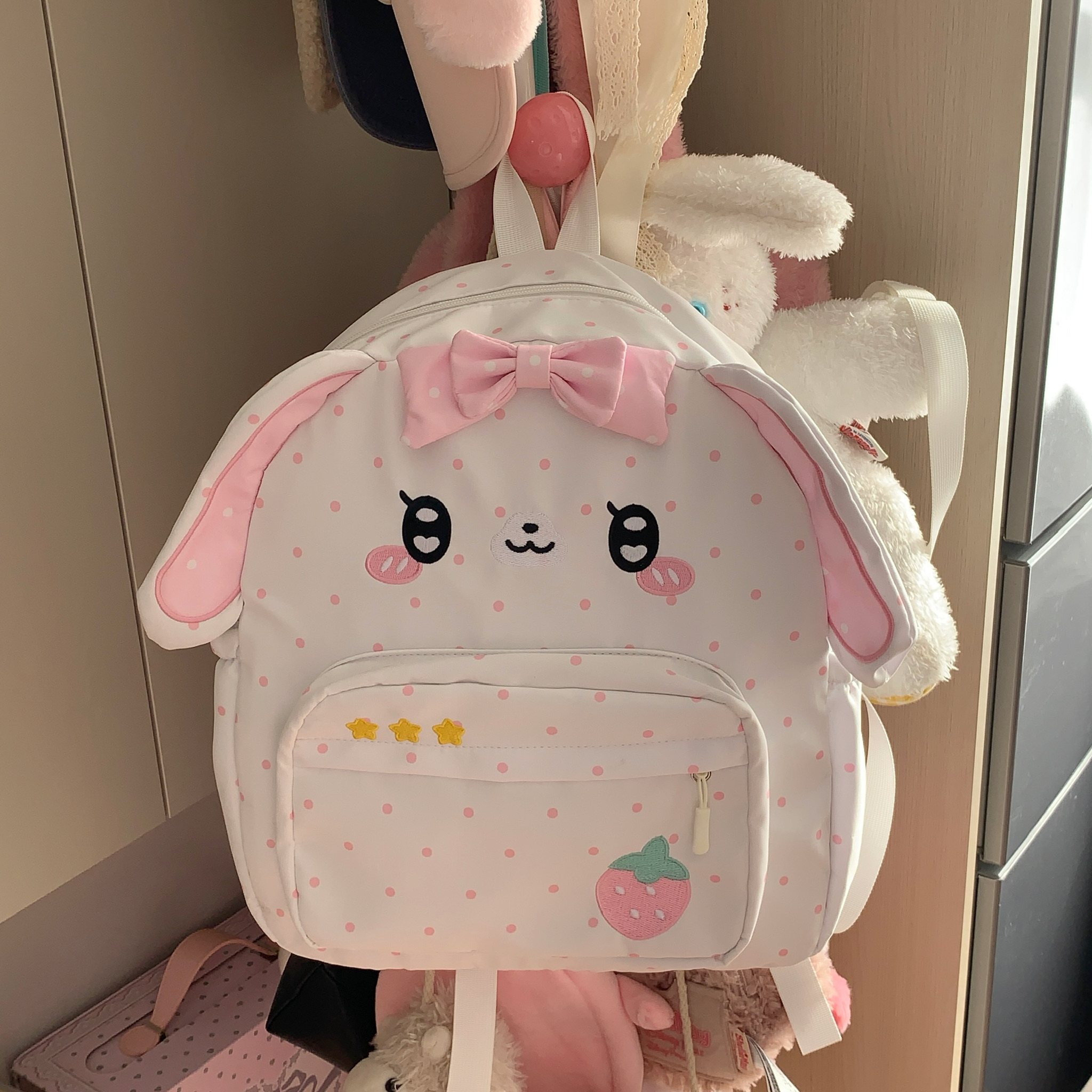 女の子用バックパック かわいいイチゴ柄ウサギ耳付き 学生用カ - Embroidery Rabbit のレビューと価格