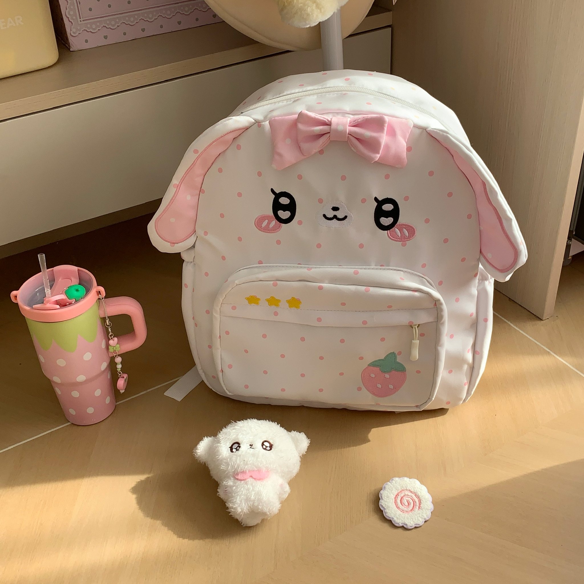 女の子用バックパック かわいいイチゴ柄ウサギ耳付き 学生用カ - Embroidery Rabbit のレビューと価格