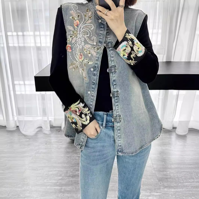 デニムコート女性ベストコートラウンドネックノースリーブ Y2 - Embroidery Jacket Jeans のレビューと価格