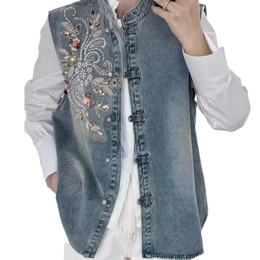 デニムコート女性ベストコートラウンドネックノースリーブ Y2 - Embroidery Jacket Jeans のレビューと価格